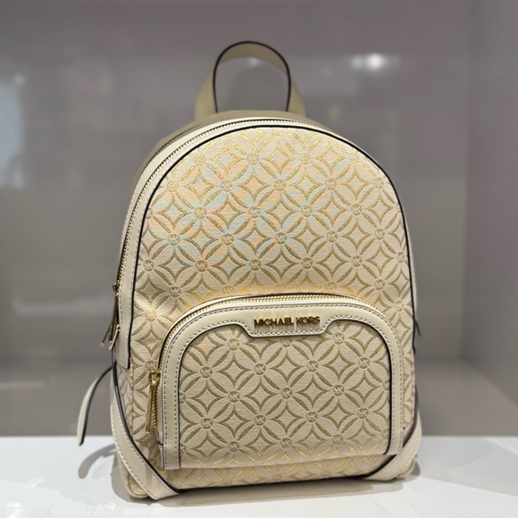 Michael Kors Jaycee Medium Backpack MK Graphic Logo Glitter Gold/Light Cream - Picture 2 of 13